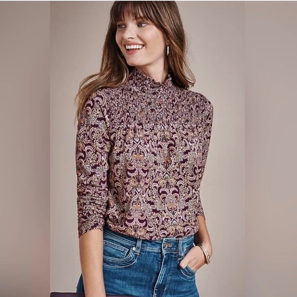 J.Jill Purple Paisley Smocked Mock Neck Blouse Top Cotton Tencel Modal L/XL